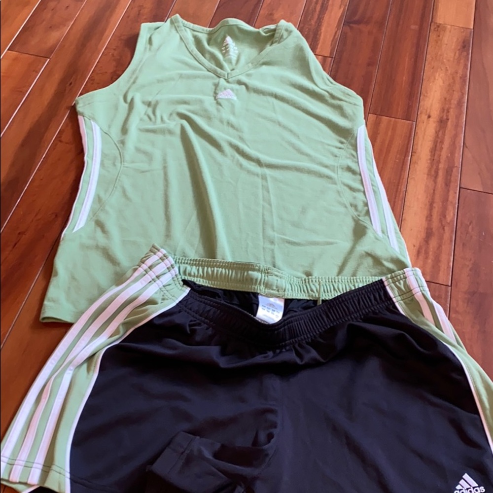 Adidas green and black tank and shorts set